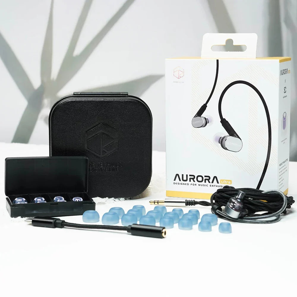 Roseselsa aurora ultra black in-ear earphones with silver accents featuring dual-driver hybrid design and type c dac compatibility
