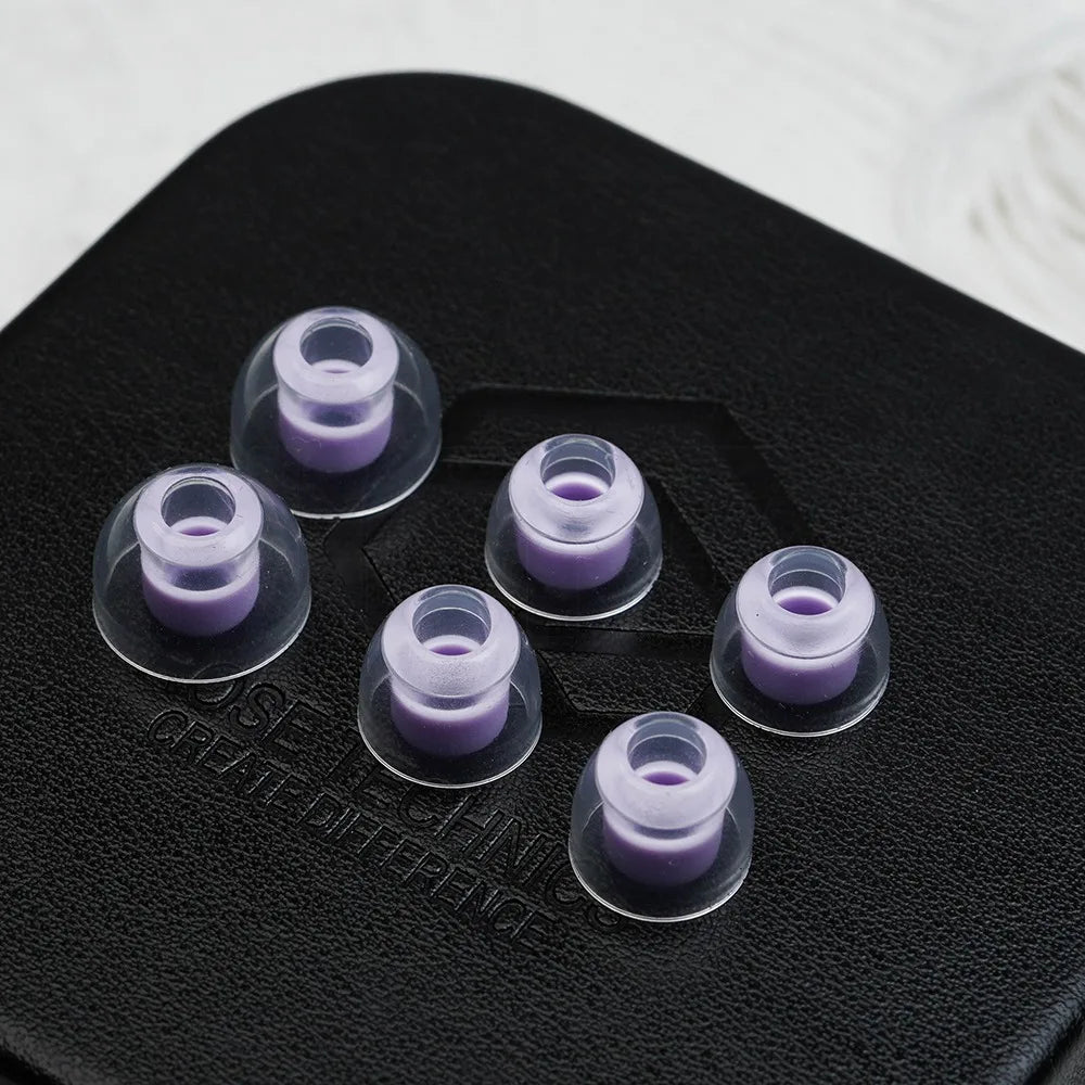 Clear silicone ear tips with purple cores for roseselsa aurora ultra dual-driver hybrid earphones with type c dac compatibility