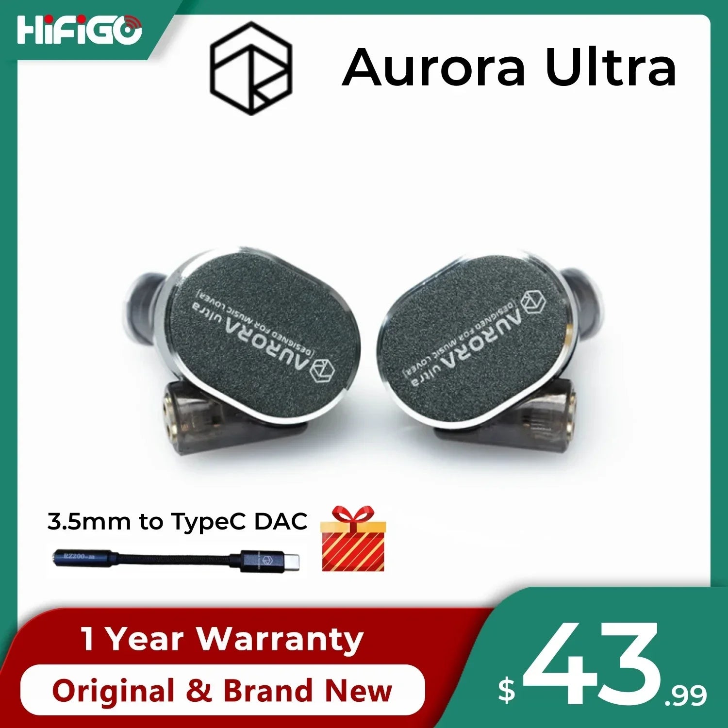 Roseselsa aurora ultra dual-driver hybrid in-ear monitors with metallic finish and black ear tips with type c dac cable