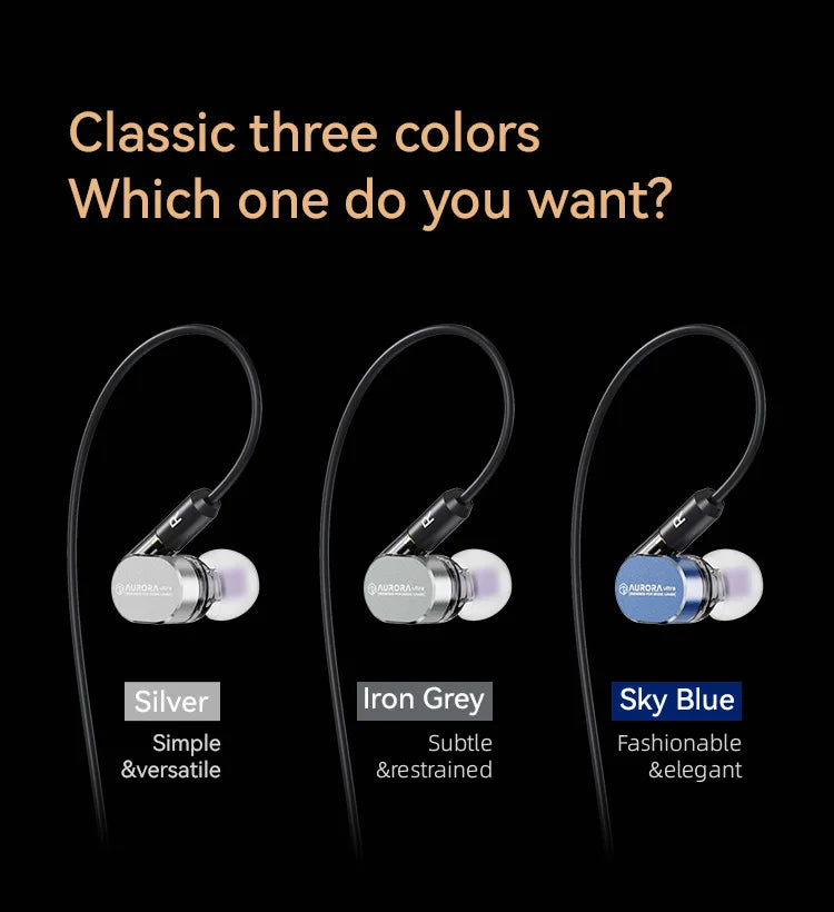 Silver iron grey and sky blue roseselsa aurora ultra dual-driver hybrid in-ear monitors with type c dac and metallic casings
