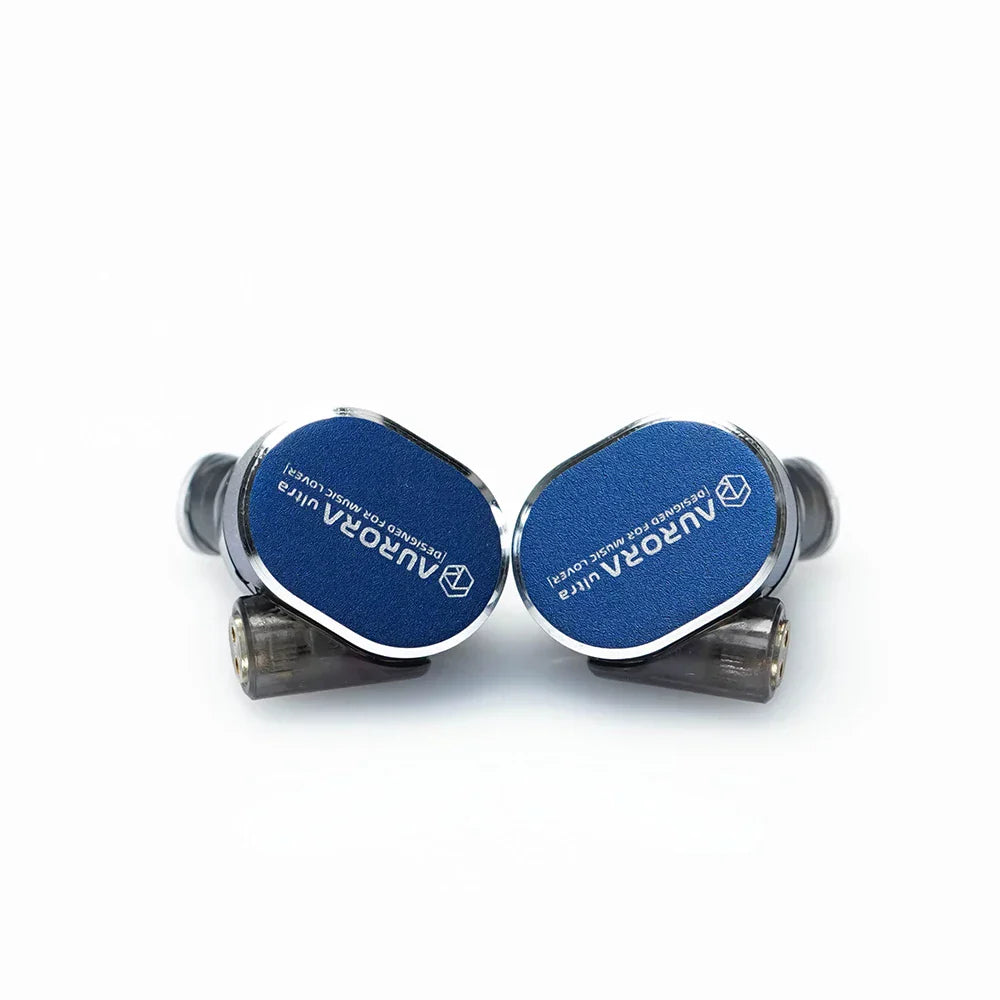 Roseselsa aurora ultra dual-driver hybrid in-ear monitors with sleek blue drivers and metallic silver accents with type c dac