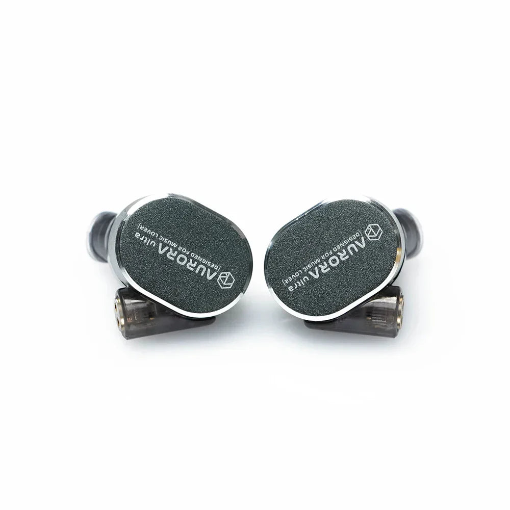 Roseselsa Aurora Ultra dual-driver hybrid in-ear monitors with black textured earpieces and silver accents and type c dac cable