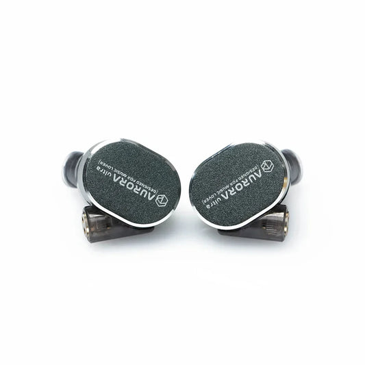 Roseselsa Aurora Ultra dual-driver hybrid in-ear monitors with black textured earpieces and silver accents and type c dac cable