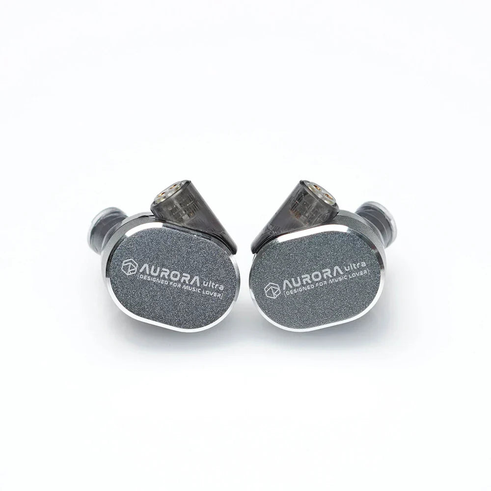 Roseselsa aurora ultra dual-driver hybrid in-ear monitors with metallic gray finish and brushed aluminum with type c dac compatibility