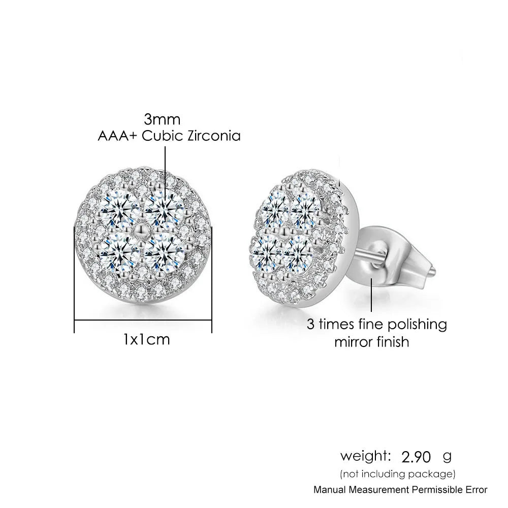 Silver hip hop stud earrings with round design featuring four aaa+ cubic zirconia stones in polished metal back