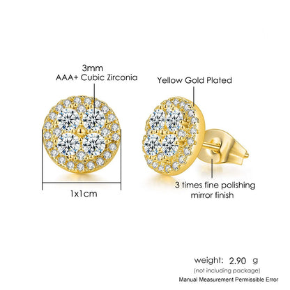 Yellow gold plated hip hop stud earrings with round four-quadrant aaa+ cubic zirconia stones for men and women