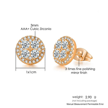 Gold-toned round hip hop stud earrings with aaa+ zircon stones and 3x fine polishing mirror finish for men and women