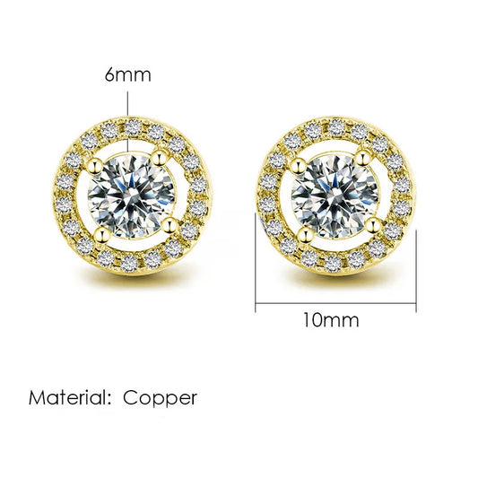 Gold-toned copper round hip hop ice studded earrings with central diamond halo measuring 6mm by 10mm for men and women