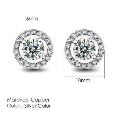 Silver-colored hip hop copper stud earrings with a central diamond halo for men and women iced out style