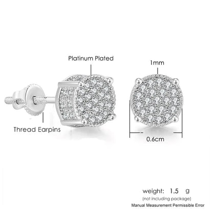 Platinum-plated hip hop stud earrings with dense round pave clear crystals for men and women gold color jewelry