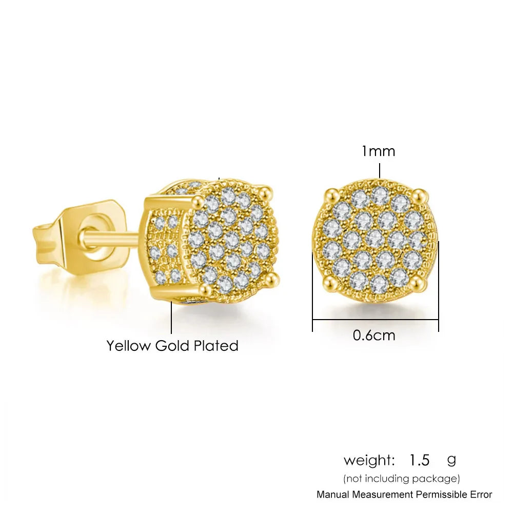 Yellow gold plated round hip hop stud earrings with pave-set clear cubic zirconia stones for piercing accessory