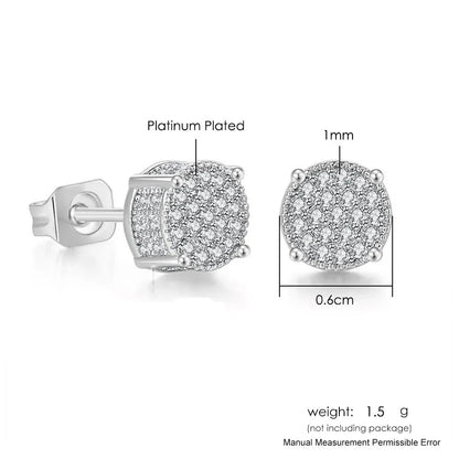 Platinum-plated hip hop stud earrings with round pave-set clear crystals for men and women gold color jewelry