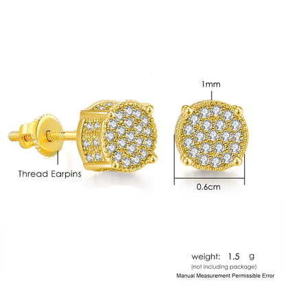 Gold-plated round hip hop stud earrings with dense pave clear cubic zirconia stones for men and women