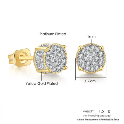 Yellow gold plated hip hop stud earrings with round pave-set diamonds and platinum plating on the back