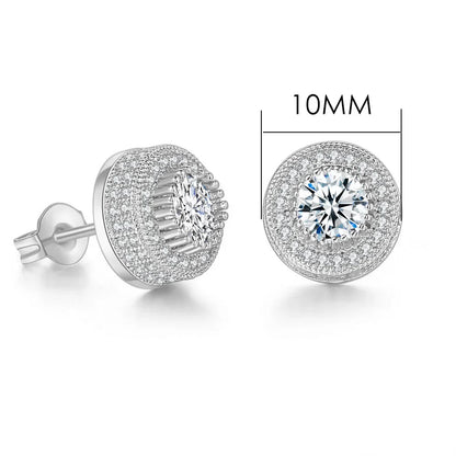 Silver hip hop stud earrings with central round diamond and pave zircon halo 10mm for men and women
