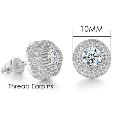 Silver stud earrings with central round diamond halo and thread earpins in hip hop iced out style for men and women