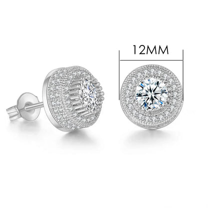 Silver hip hop stud earrings with 12mm round diamond halo design in gold color iced out zircon for men and women