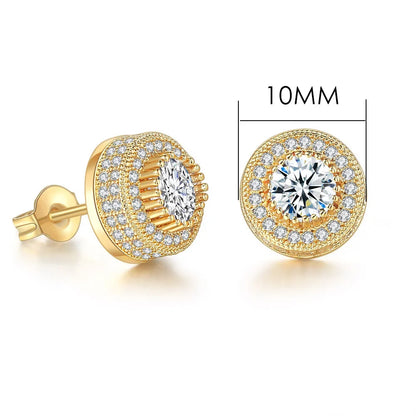 Gold-toned hip hop stud earrings with round clear zircon and pave crystals, one showing post and butterfly back