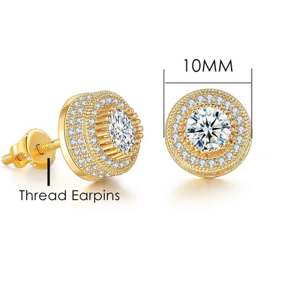 Gold-toned round hip hop stud earrings with central clear gemstone and concentric rows of zircon stones for piercing jewelry