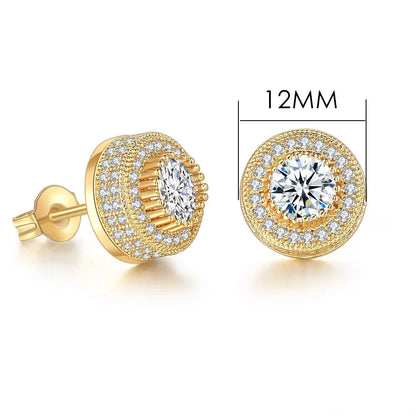 Gold color hip hop round stud earrings with clear zircon center and pave crystals, one showing post and butterfly back