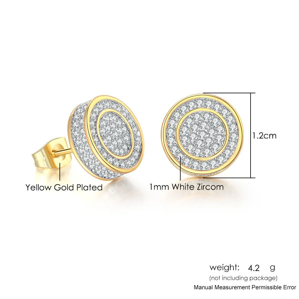 Yellow gold plated hip hop stud earrings with double concentric circles and white zircon stones for men and women