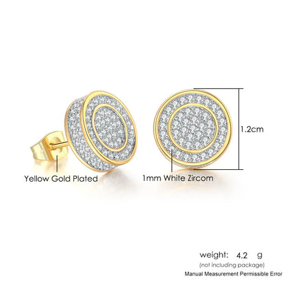 Yellow gold plated hip hop stud earrings with double concentric circles and white zircon stones for men and women