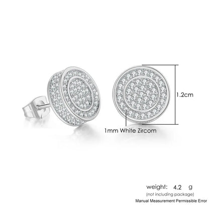 Silver stud earrings with double-layered circles and 1mm white zircon stones hip hop iced out design for men and women
