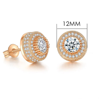 Rose gold hip hop stud earrings with central round-cut clear gemstone and iced out zircon detailing for men and women