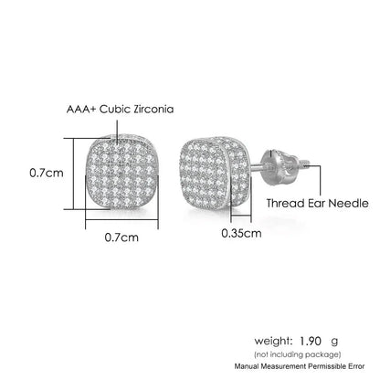 Square-shaped hip hop stud earrings in silver-toned metal with aaa+ cubic zirconia and thread ear needle closure