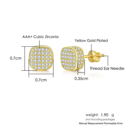 Square-shaped stud earrings with yellow gold plating and hip hop style aaa+ cubic zirconia stones for men and women