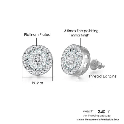Platinum-plated hip hop stud earrings with radiant multi-layered diamonds and thread earpins for men and women