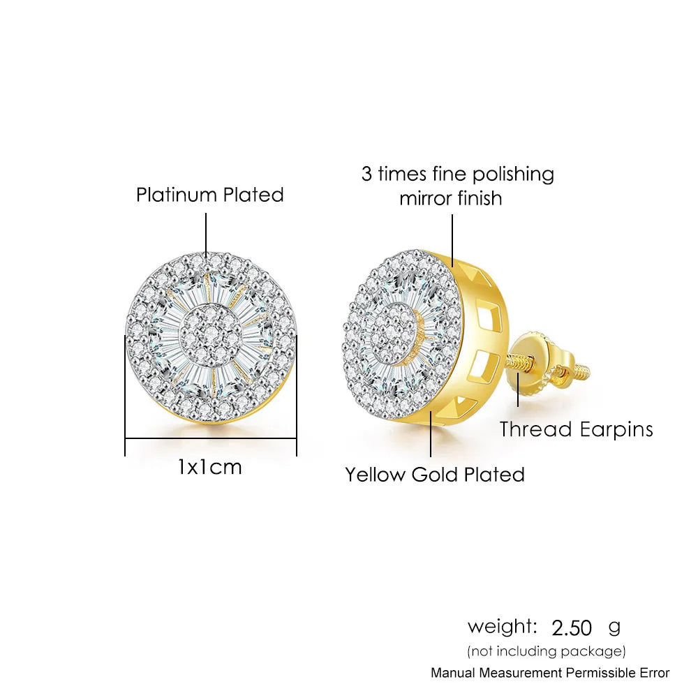 Yellow gold plated hip hop round stud earrings with diamond-studded design and fine polishing mirror finish for men and women