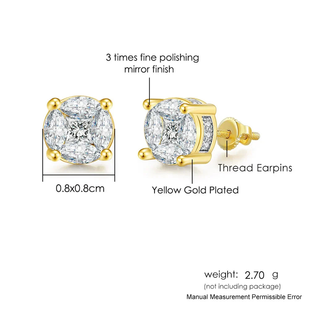 Yellow gold plated hip hop round stud earrings with central and smaller diamonds and secure thread earpins for men and women