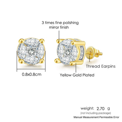 Yellow gold plated hip hop round stud earrings with central and smaller diamonds and secure thread earpins for men and women