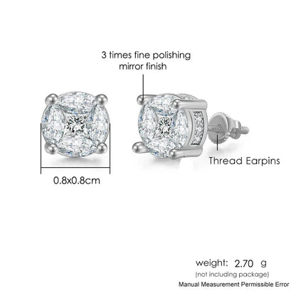 Silver hip hop stud earrings with four-prong clear cubic zirconia stones and gold color thread earpins for men and women