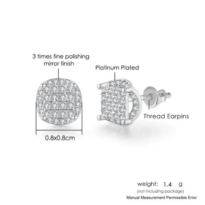 Platinum-plated hip hop stud earrings with clear cubic zirconia grid set in square design and fine mirror finish