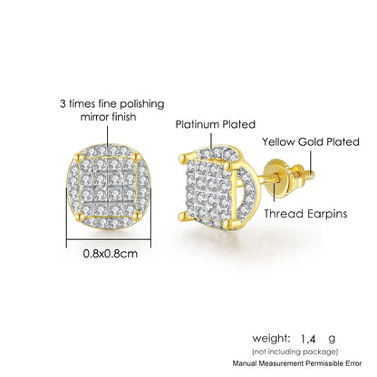 Platinum and yellow gold plated round hip hop stud earrings with clear cubic zirconia and fine mirror finish