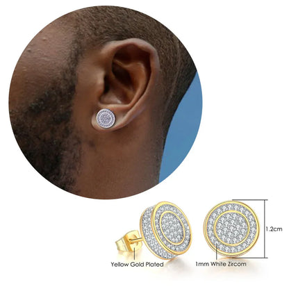 Gold-plated hip hop stud earrings with double-layered design and white zircon stones for men and women