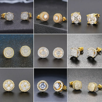 Gold-tone hip hop stud earrings with clear cubic zirconia stones in intricate iced out settings for men and women