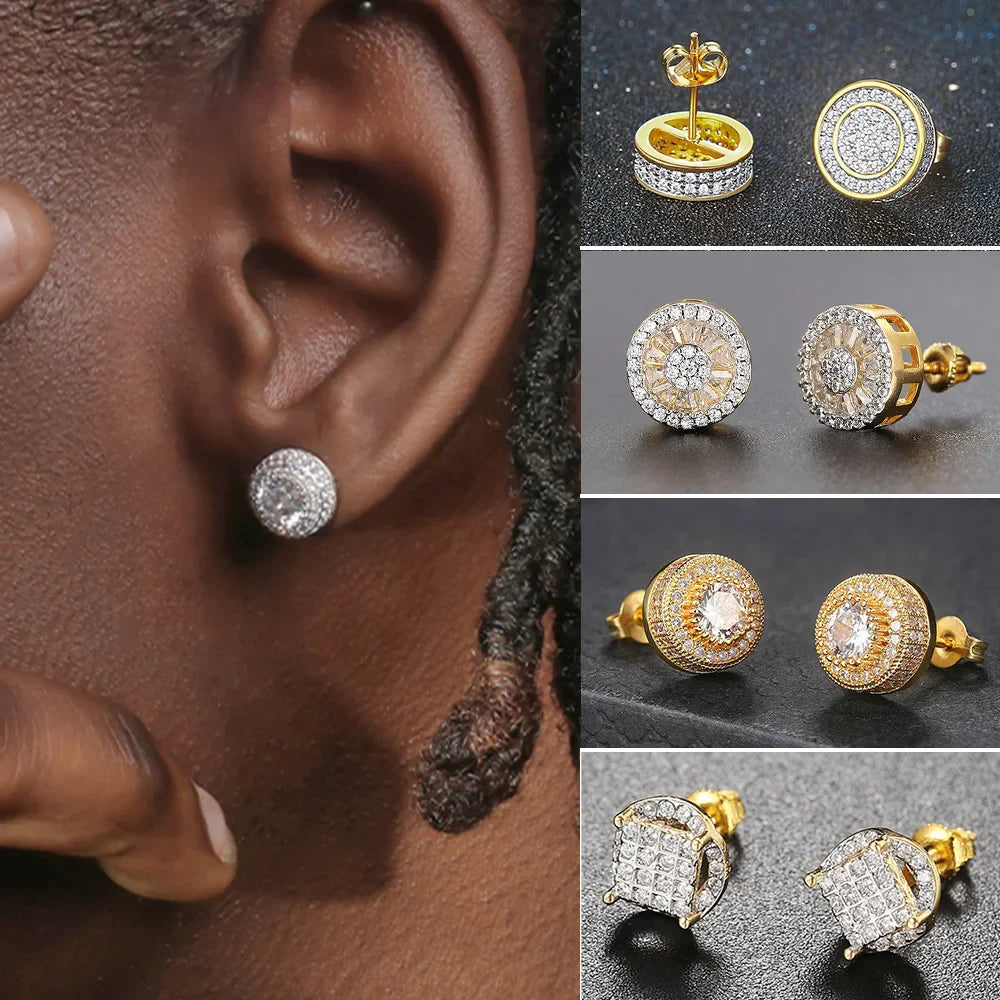 Gold-tone hip hop stud earrings with round and square clear crystal zircon designs for men and women