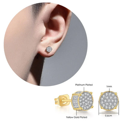 Yellow gold plated hip hop stud earrings with round pave-set zircon design for men and women accessories