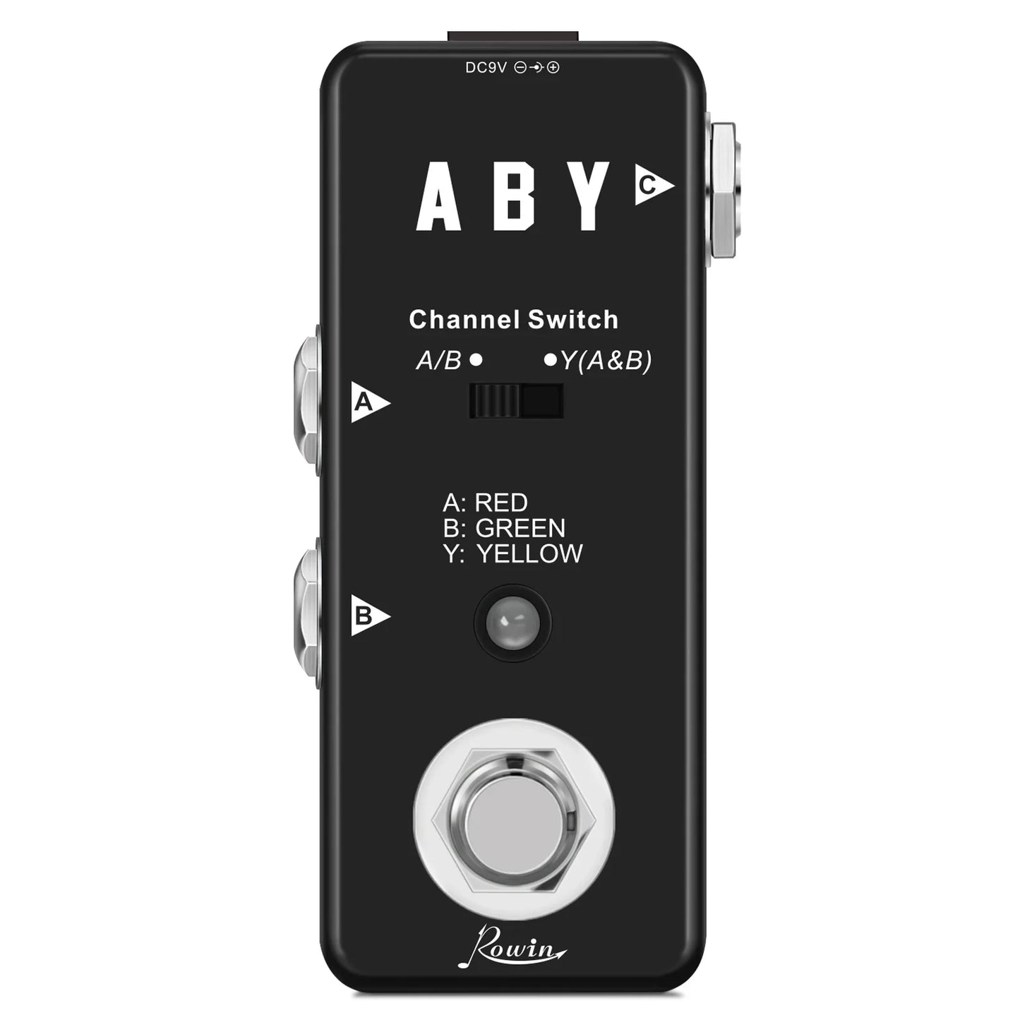 Black Rowin digital guitar pedal with silver knobs hexagonal footswitch labeled red green yellow channels for pure echo auto wah mod station
