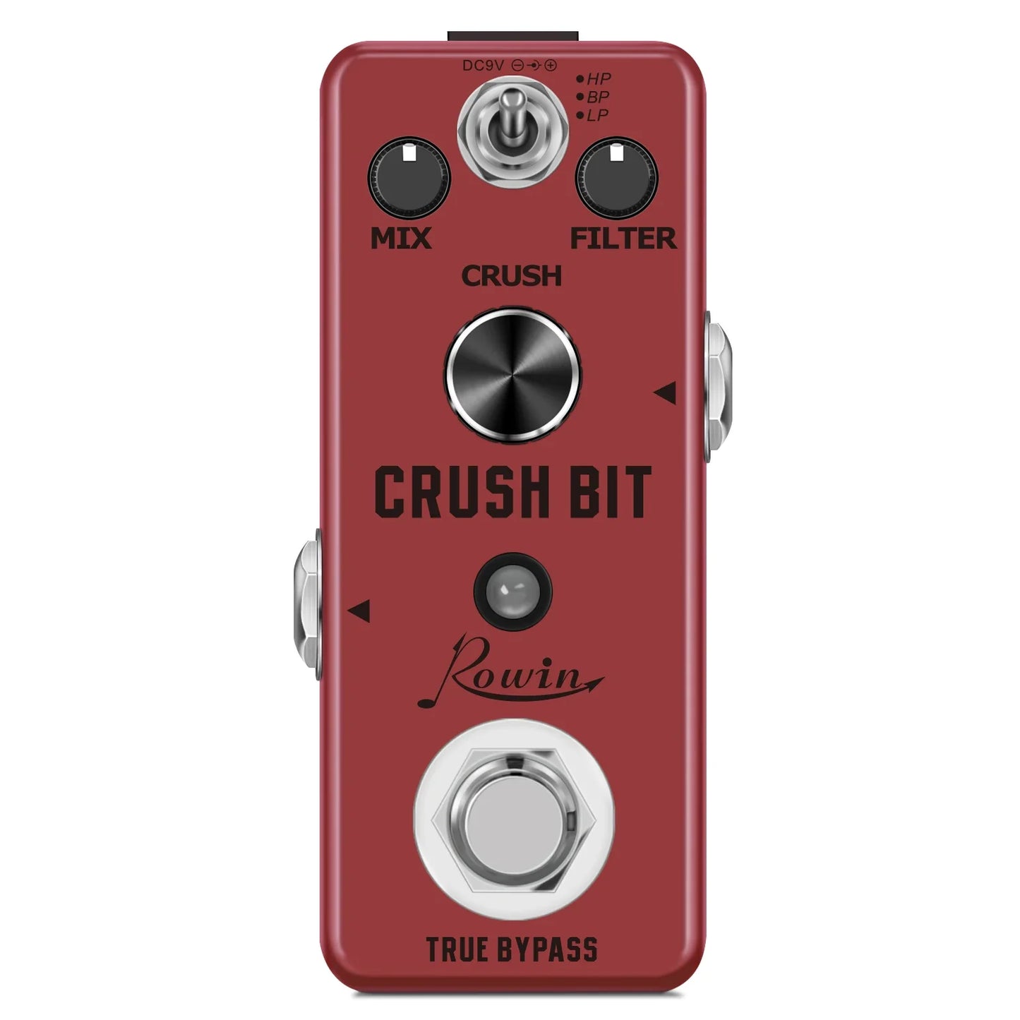Red rowin digital guitar pedal with black knobs and silver metal accents featuring pure echo, auto wah, and mod station effects