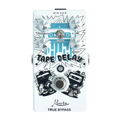 White rowin tape delay guitar effects pedal with silver knobs and black blue cassette graphics for pure echo and auto wah mod station
