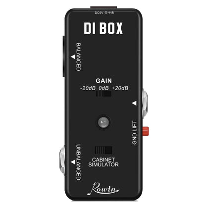 Black rowin digital guitar pedal back with silver knobs red switch gain control balanced inputs and ground lift for pure echo auto wah and mod station effects