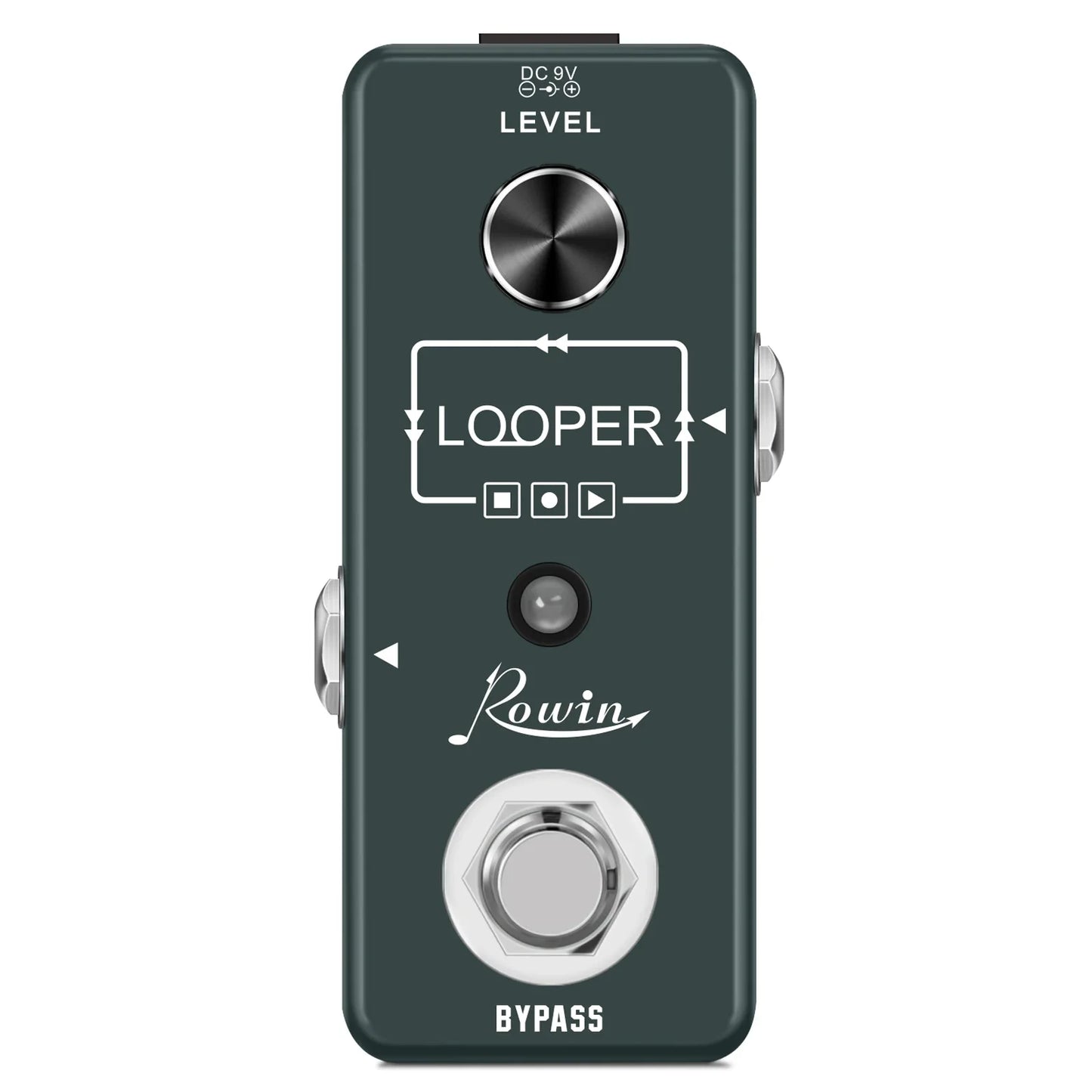 Dark green Rowin digital guitar pedal with silver knobs featuring pure echo, auto wah, and mod station effects