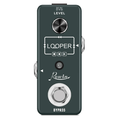 Dark green Rowin digital guitar pedal with silver knobs featuring pure echo, auto wah, and mod station effects