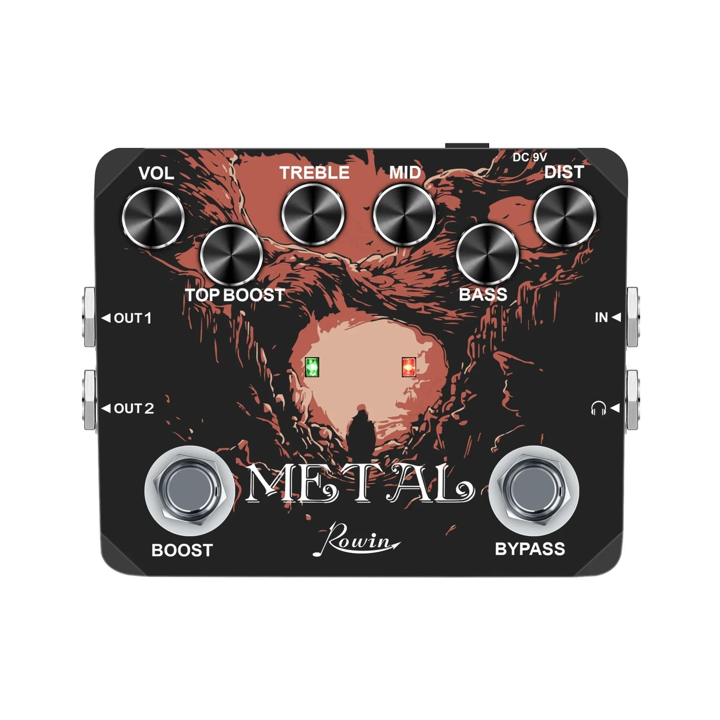 Black rowin digital guitar pedal featuring fiery cave illustration with silver knobs offering pure echo and auto wah effects