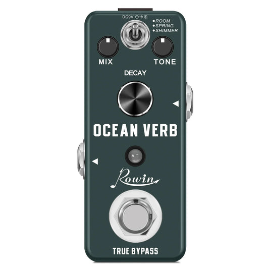 Dark green rowin digital guitar pedal with silver knobs and hexagonal footswitch featuring pure echo and auto wah effects