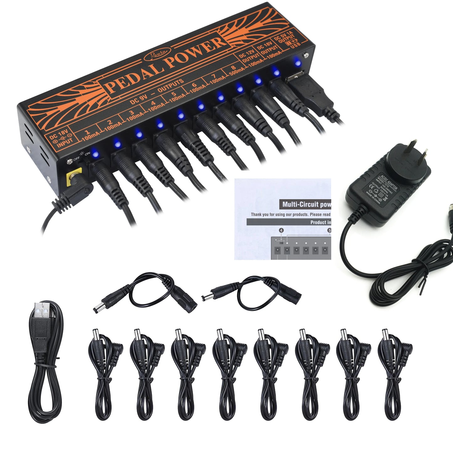 Black pedal power multi-circuit power supply unit with orange branding and blue led indicators for pure echo mod station use